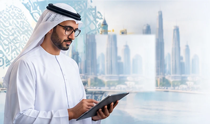 Emirati professional reviewing legal documents on a tablet in front of the Dubai skyline